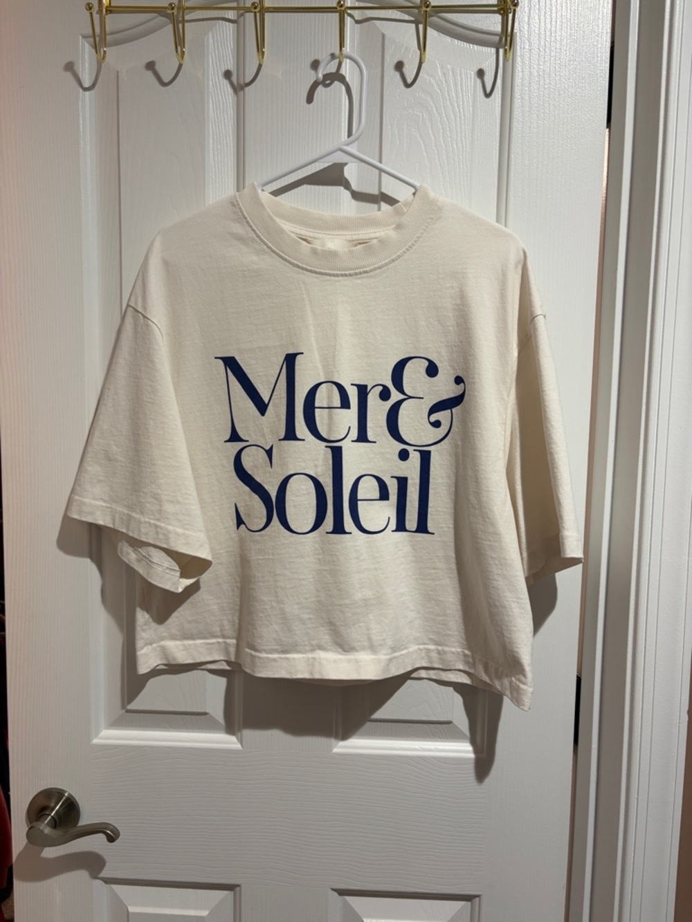 H&M Cream Crop Tee with Navy 'Mer & Soleil' Print